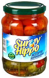 Ассорти Sunny Hippo огурчики, томаты черри маринованные 680г